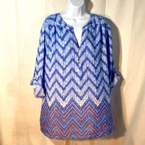 17-4 KIM ROGERS red white blue chevron roll tab 3/4 sleeve top 3X